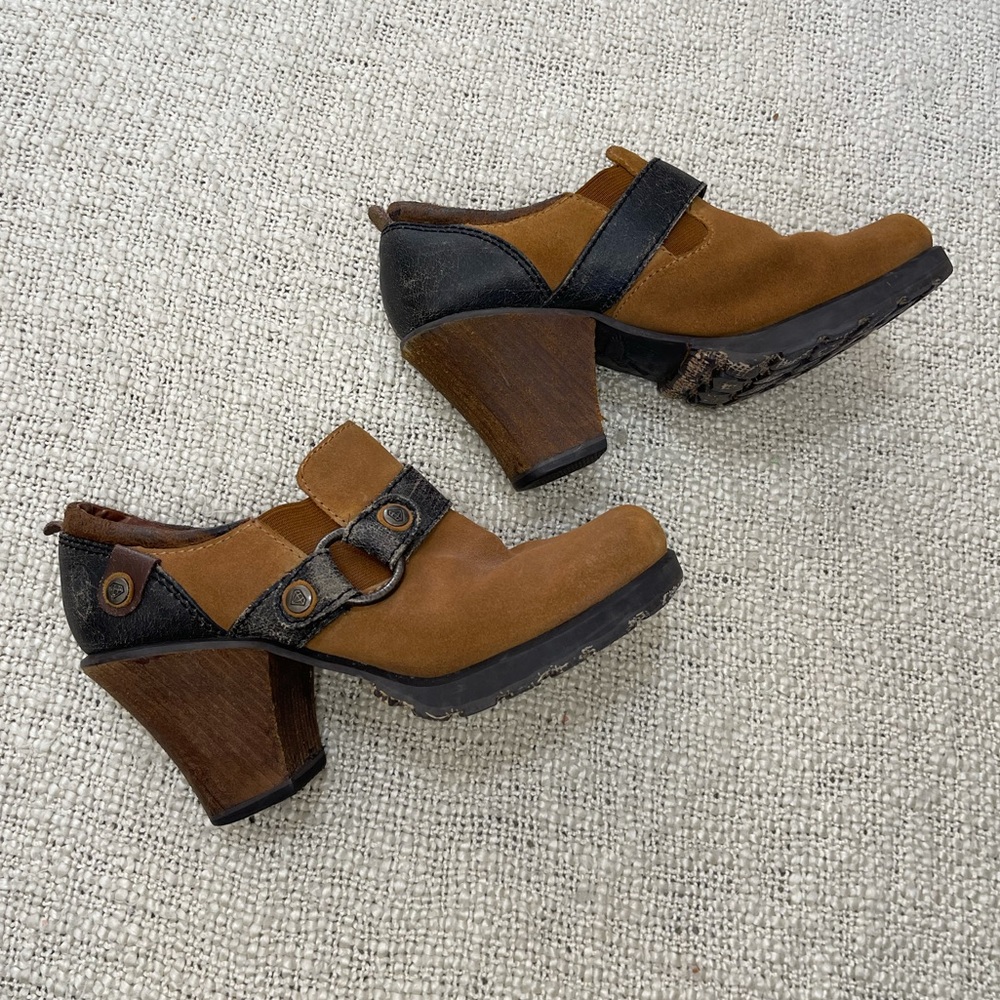 London Underground vintage brown wooden heel leather grunge clogs shoes sz 6.5
